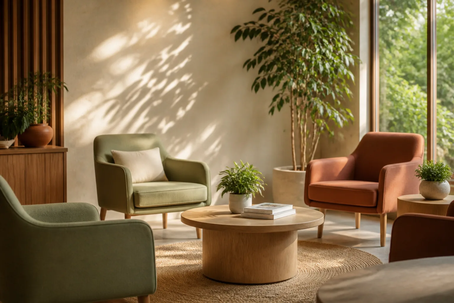 Calm waiting lounge, green and terracotta armchairs, plants (representative image)