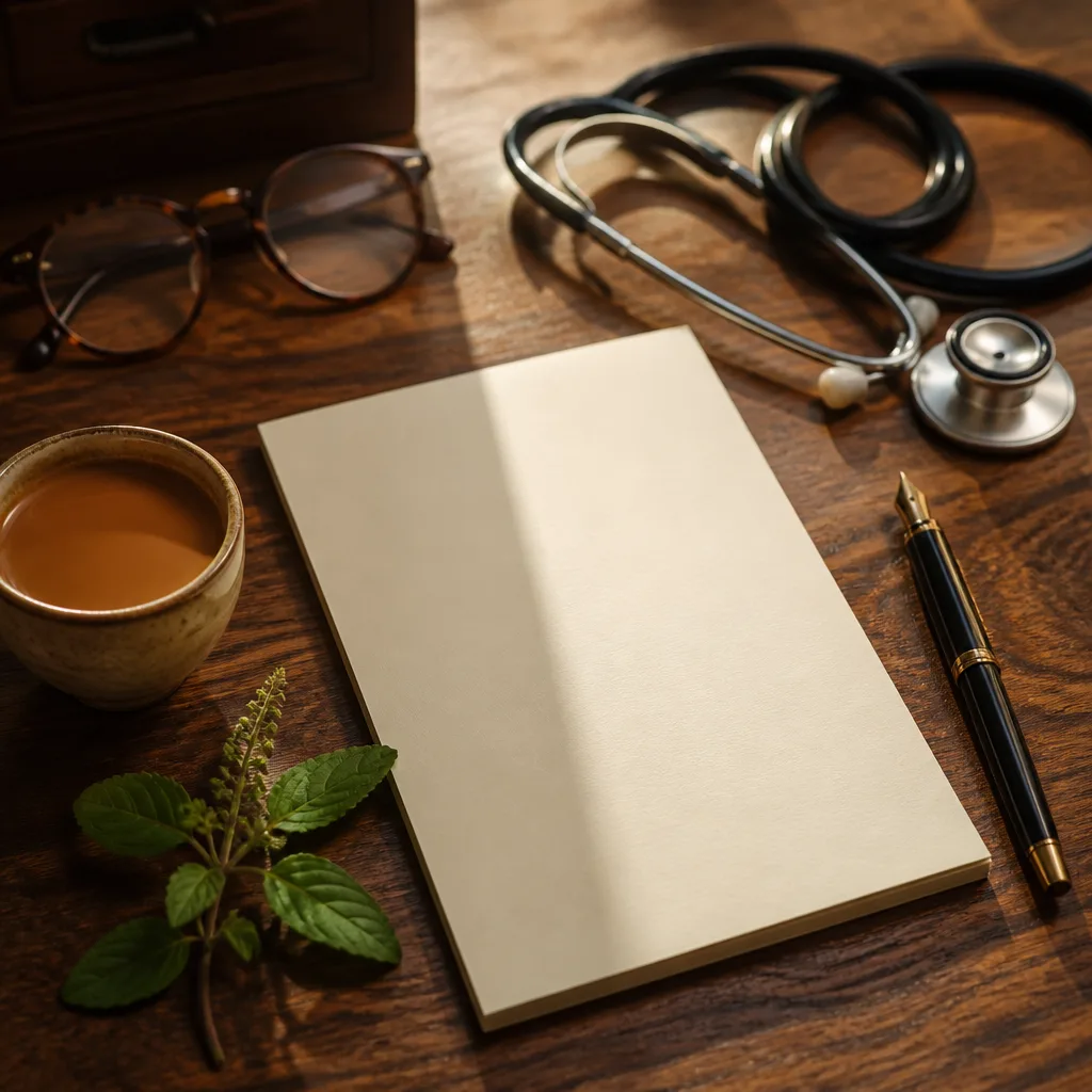 Doctor's desk: blank prescription pad, pen, stethoscope, glasses, tea (representative image)