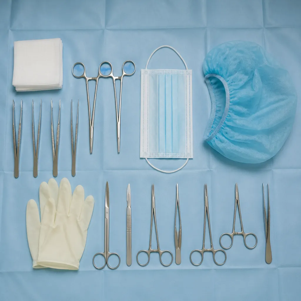 Flat lay on blue drape: surgical instruments, mask, cap, gloves, gauze (representative image)
